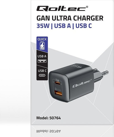 Karikues muri Qoltec GaN Ultra 35W, USB C PD, USB QC 3.0, i zi