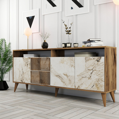 Komodë TV Kalune Design Milan, MDF 180cm, këmbë të larta, dru natyral me mermer