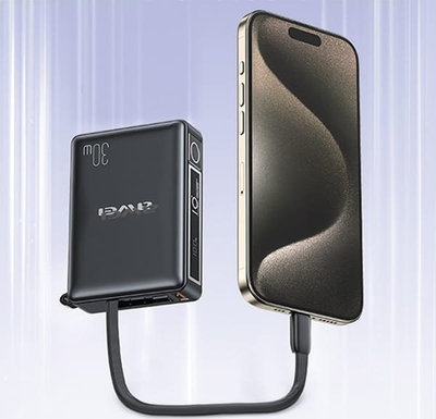 Powerbank Awei P87K, 10000mAh, 30W, me kabllo të integrume, i zi