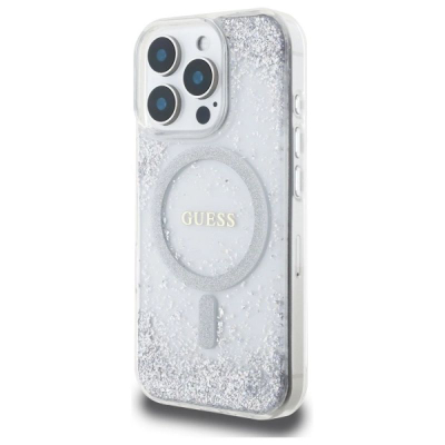 Kukull telefoni Guess Resin Gradient Glitter për iPhone 16 Pro 6.3", MagSafe, ngjyrë argjendi