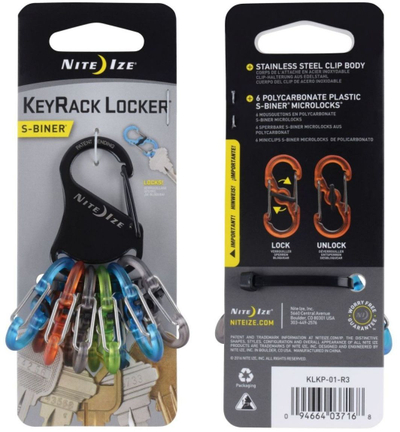 Mbajtëse çelsash Nite Ize Keyrack Locker S, karabinë çeliku inoks, 6 S Biner plastike, shumëngjyrëshe