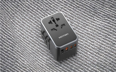 Adapter universal udhëtimi Vention GaN, 4 porta USB C dhe A, 65W, i zi