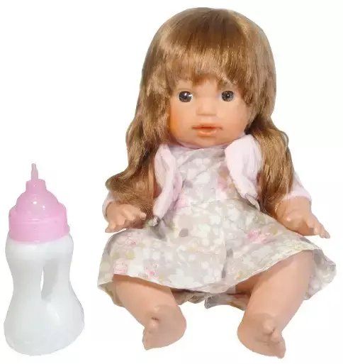 Kukull bebe me shishe, flokë të gjatë, fustan me motive, rozë