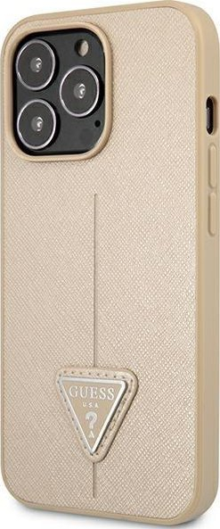 Kapak telefoni Guess Saffiano Triangle Logo për iPhone 14 Pro Max 6.7", hardcase, bej