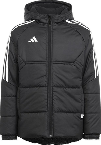 Xhaketë puffer për fëmijë Adidas Condivo 22, kapuç me fleece, xhepa me zinxhir, e zezë