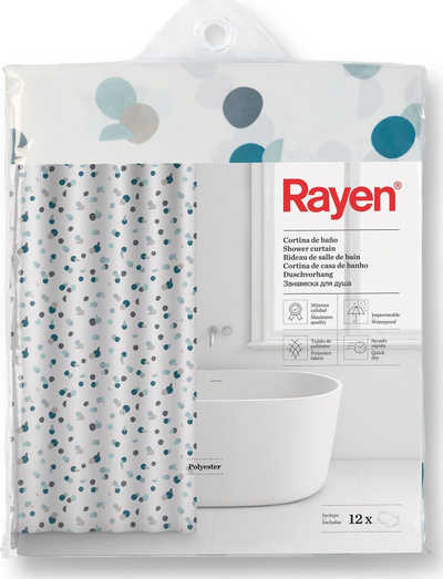 Завеса за туш Rayen, 180x200 cm, полиестер, бела со сини точки