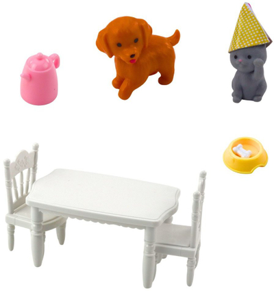 Set lodrash ditlindje me kukull, qen, mace edhe gjëra feste, 13 cm, me shumë ngjyra