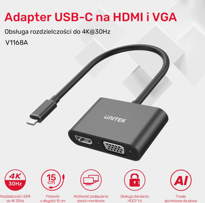 Adapter USB C Unitek V1168A, HDMI 4K, VGA Full HD, gri