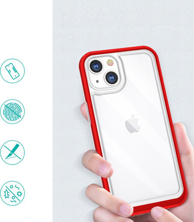 Mbrojtëse telefoni Clear 3n1 për iPhone 13, transparente, kornizë antishok, e kuqe