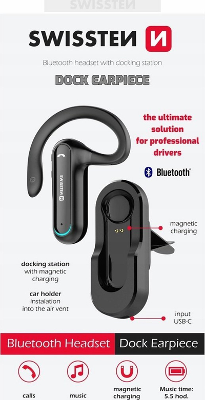 Kufje Bluetooth Swissten Dock Earpiece me qëndrim magnetik, e zezë