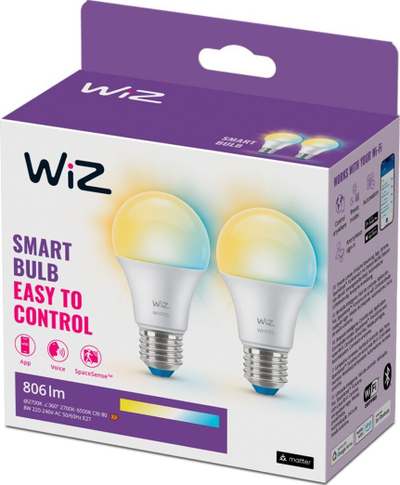 Llambë inteligjente WiZ A60, 60W ekuivalent, E27, dritë e bardhë, set 2 copë