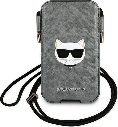 Çantë telefoni Karl Lagerfeld Ikonik Saffiano Choupette Head me rrip, gri