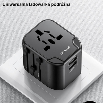 Karikues udhëtimi USAMS T55 US CC173, 2xUSB 12W, adapter universal 4 në 1, i zi