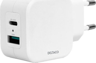 Karikues muri DELTACO USBC-AC149, 20W, USB-C PD edhe USB-A, i bardhë