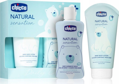Set higjene për bebe Chicco Natural Sensation, xhel trupi dhe flokësh 200 ml, krem trupi 150 ml, blu