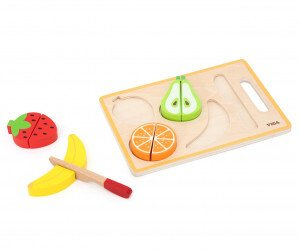 Lodër druri me fruta për prerje Cutting Fruit 44789, set me 4 fruta, me thikë edhe dërrasë, shumëngjyrëshe