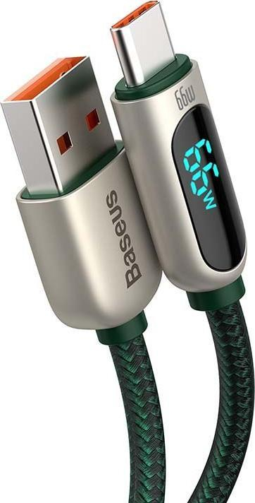 Kabllo karikimi Baseus USB në Type C, 2m, 66W 6A, me ekran LED, jeshile e errët