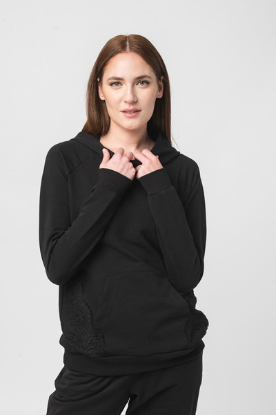 Bluzë sportive për gra WOMEN'S COTTON LACE SWEATSHIRT, pambuk, madhësia S, e zezë