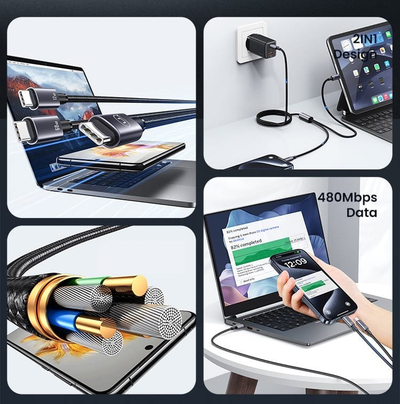 Kabllo USB C Usams 2 in 1, 1.2m, 60W, gri