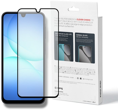 Заштитно стакло Crong 3D Armour Glass Lite за Samsung Galaxy A16 A17 A26, целосно лепење, 9H, со црна рамка