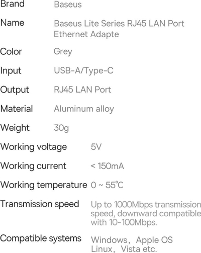 Adapter Ethernet Baseus Lite Series, USB C në RJ45, 1000Mbps, gri