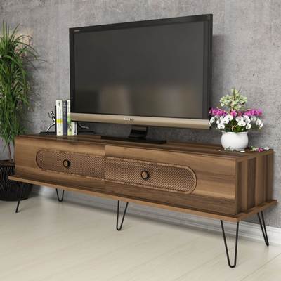 Komodë TV Kalune Design Ekol, me rafte, këmbë metalike, dru natyral