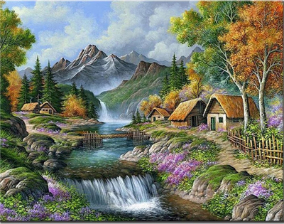 Set pikturimi me numra NORIMPEX “Shtëpizat te Lumi i Malit”, kanavacë 40x50 cm, bojë akrilike, shumëngjyrëshe