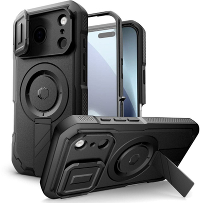 Këllëf smartphone Tech-Protect Kevlar MagSafe për iPhone 17 Pro, me këmbëz mbajtëse, i zi