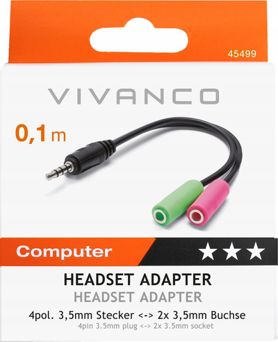 Adapter për kufje Vivanco 45499, 3.5 mm 4‑pin në 2x 3.5 mm, 0.1 m, i zi