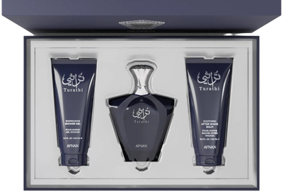 Set parfum Afnan Turathi Blue, EDP 90 ml, balsam pas rrojes 100 ml, xhel dushi 100 ml