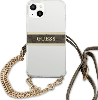 Mbulesë telefoni Guess GUHCP13SKC4GBGO për iPhone 13 mini, hardcase transparente, me rrip kafe dhe zinxhir ari