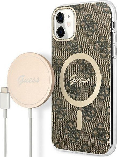 Set aksesorë Guess GUBPN61H4EACSW për iPhone 11, mbrojtëse hardcase 4G Print MagSafe, karikues wireless magnetik, kafe