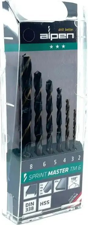 Set burgjish metalike Alpen Twist Drill DIN 338N HSS, 2 3 4 5 6 8 mm