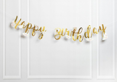 Baner dekorativ Teka Happy Birthday me lule, për ditëlindje, i artë