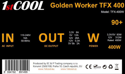 Furnizues energjie 1stCOOL Golden Worker TFX 400W, 80mm, ATX