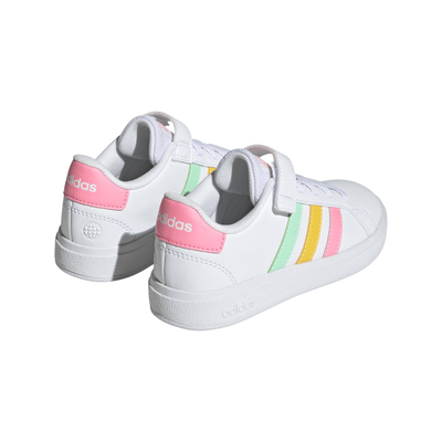 Atlete fëmijësh Adidas Grand Court, lidhëse elastike, rrip me shulit, të bardha me shumëngjyrëshe