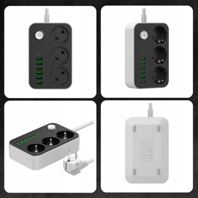 Prizë zgjatëse me 3 dalje dhe 6 porta USB, 1.8m, 2500W, e bardhë