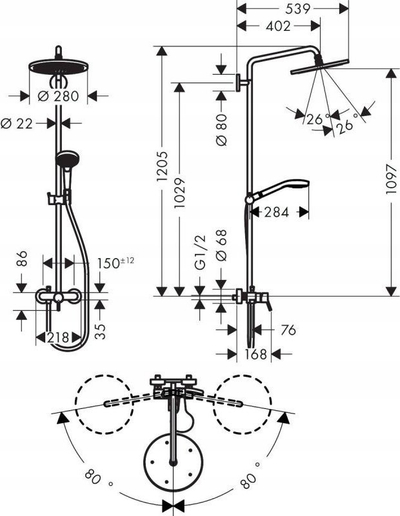 Kolonë dushi Hansgrohe Croma 280 1jet Showerpipe, dush tavan 280 mm, krom
