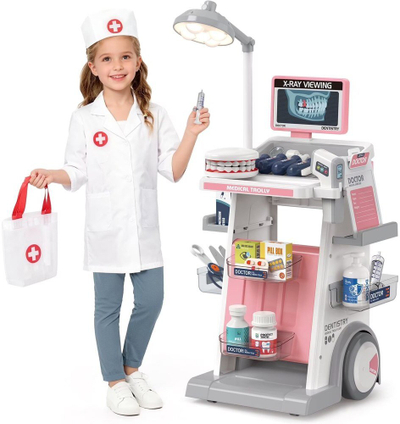 Set lodrash doktori Dentist Medical Cart, 26 pjesë, me drita, rozë