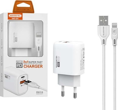 Karikues muri SOMOSTEL SMS-Q01, 18W 3A, PD USB me kabllo Lightning, i bardhë