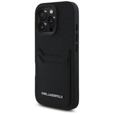 Футрола за телефон Karl Lagerfeld HC Grained PU Card Slot за iPhone 16 Pro Max 6.9", со џеб за картички, црна