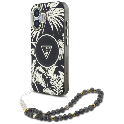 Футрола за телефон Guess Palm Trees Triangle за iPhone 16 6.1", MagSafe, со ремче со монистра, црна