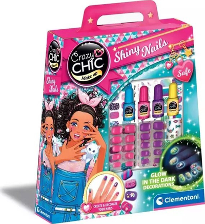Set manikyri për fëmijë Clementoni Crazy Chic Shiny Nails, Glow in the Dark, me llakë dhe ngjitëse, shumëngjyrësh