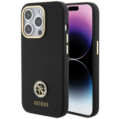 Kapak telefoni Guess Liquid Silicone 4G, për iPhone 15 Pro Max, me logo metalike, i zi