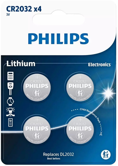 Bateri litiumi Philips CR2032, 3V, pako me 4 copë, ngjyrë argjendtë
