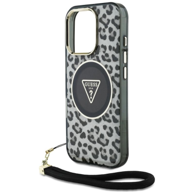 Guaskë telefoni Guess HC IML Leopard Triangle, për iPhone 16 Pro, MagSafe, me rrip, e zezë