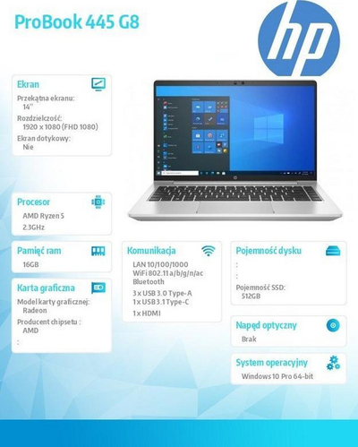  Laptop HP, ProBook 445 G8, 14", AMD Ryzen 5 5600U, 2.3 GHz, 16 GB RAM, SSD 512 GB, Windows 10 Pro, i argjendtë