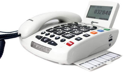Telefoni fiks me kabllo Geemarc Telecom Phone 3521350007947, me butona të mëdhenj, ekran LCD, i bardhë