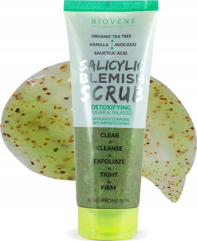 Scrub trupi Biovène Salicylic Blemish Detoxifying, për lëkurë me akne, 250 ml, jeshil