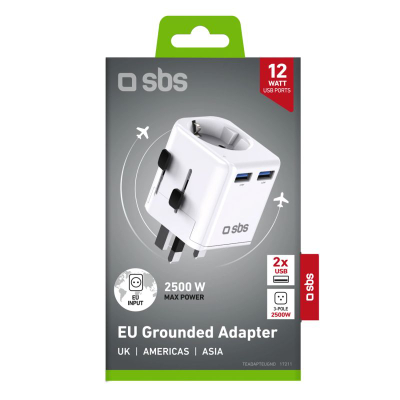 Adapter udhëtimi universal SBS Travel Adapter, 2x USB A 12W, 2500W, i bardhë